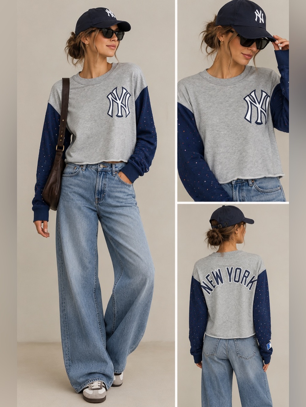 Terez New York Yankees Gray & Navy Rhinestone Studded Sleeves Sweatshirt size Sm